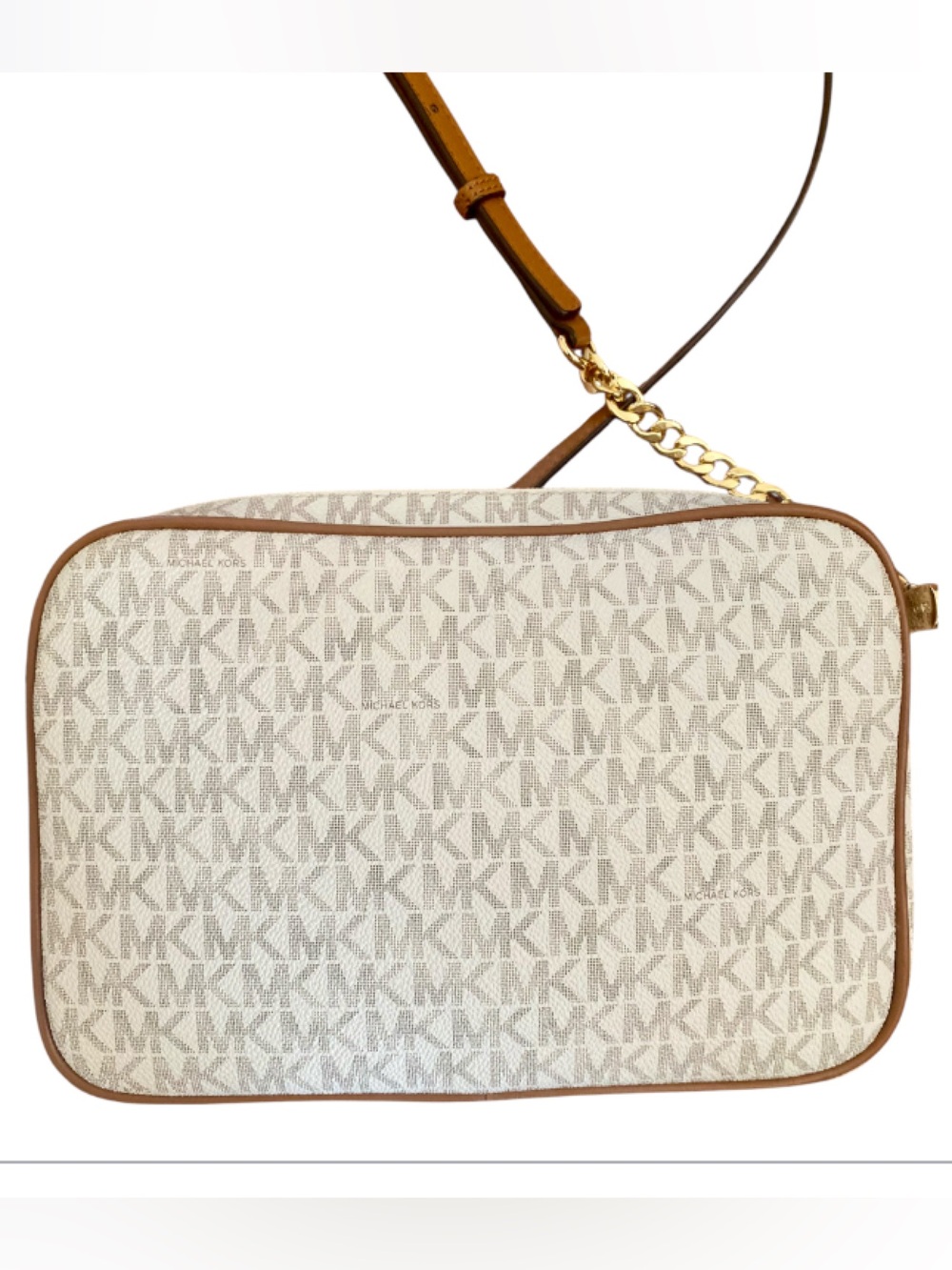 Michael Kors Vanilla MK Logo Jet Set East West Crossbody Bag Gold Chain - Picture 5 of 12